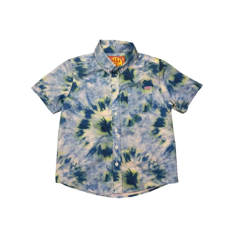 RSVLTS Boys Tie Dye Button Up Shirt XS Blue Green Short Sleeve Pocket EUC